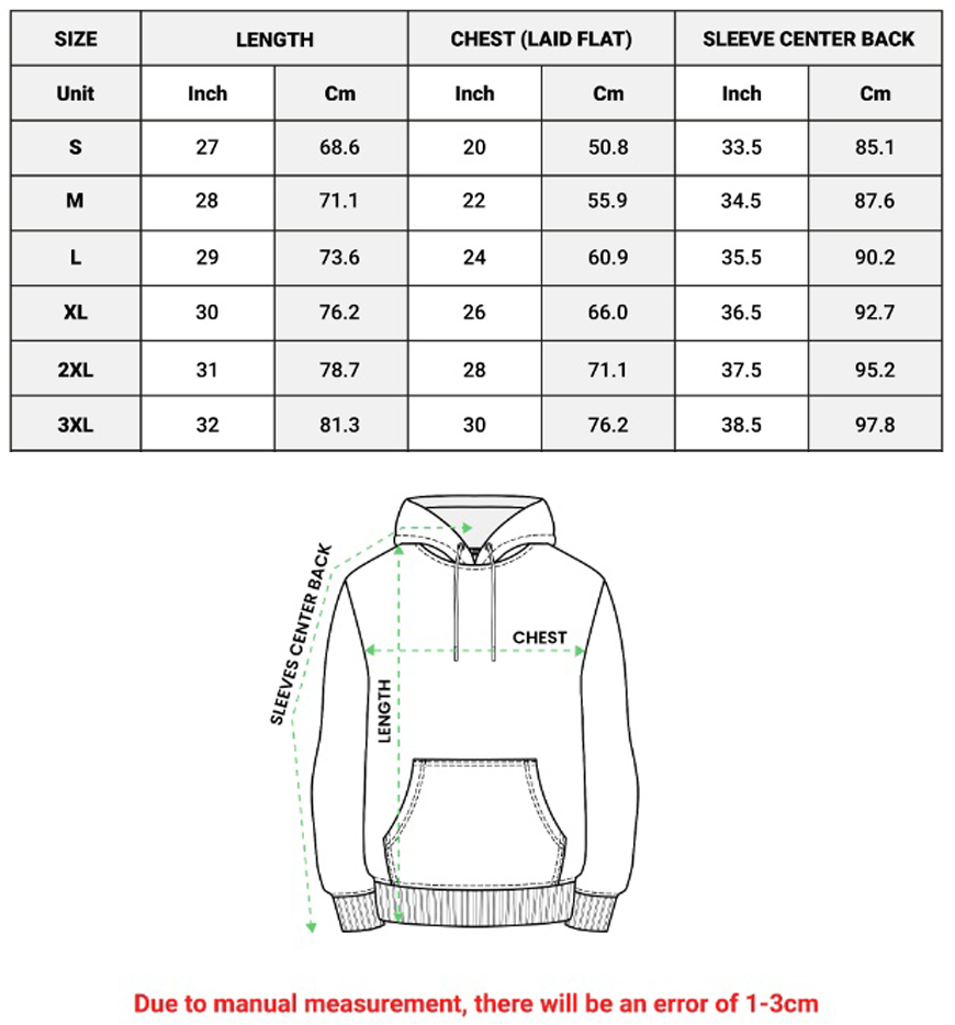 Size chart for Hoodie G18500