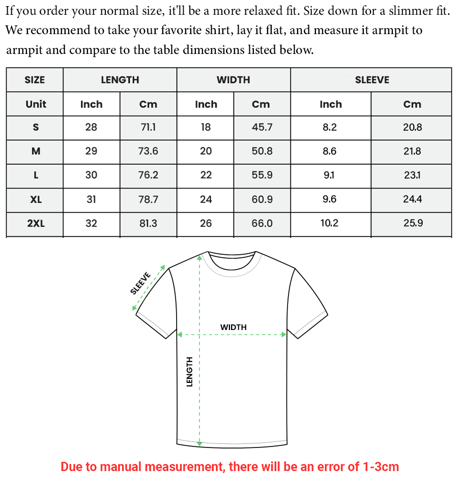 Size chart for women's shirt