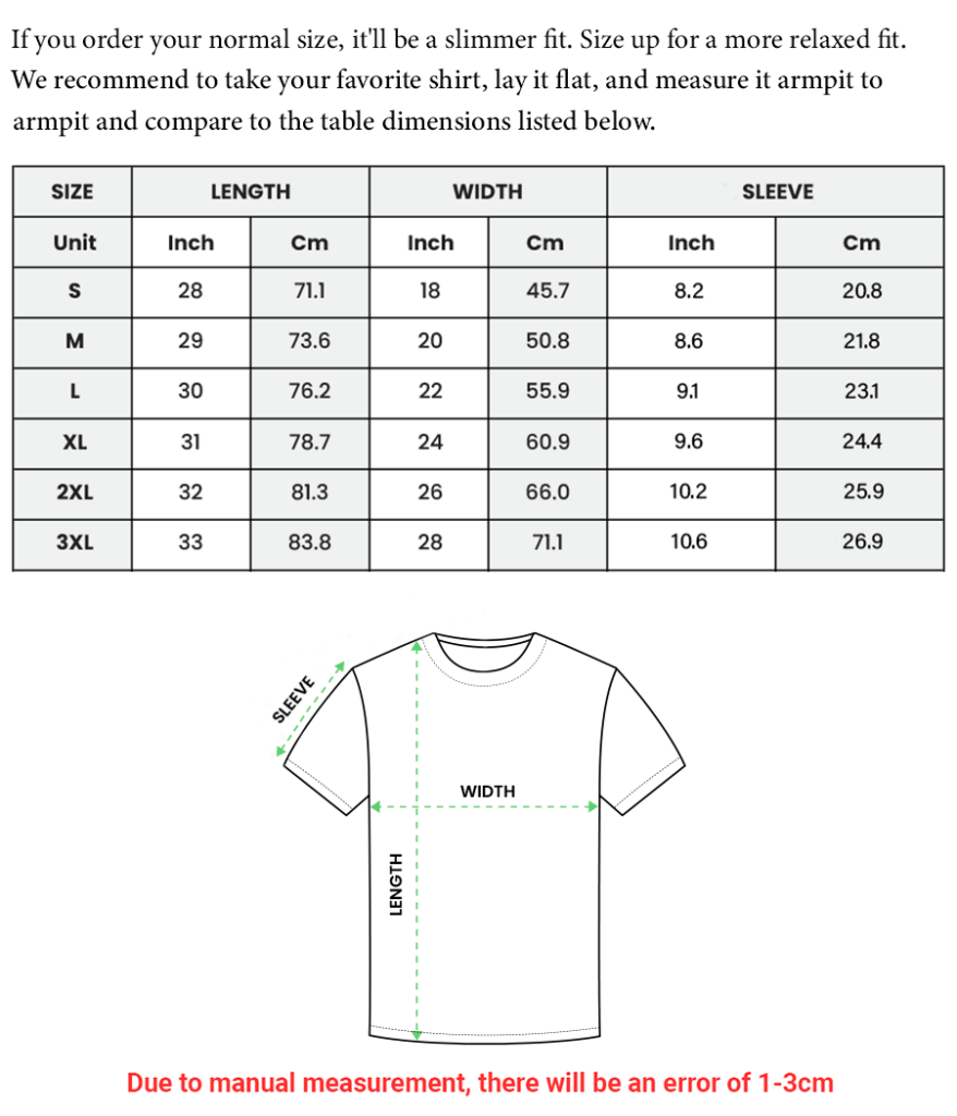 Size chart for Men's shirt