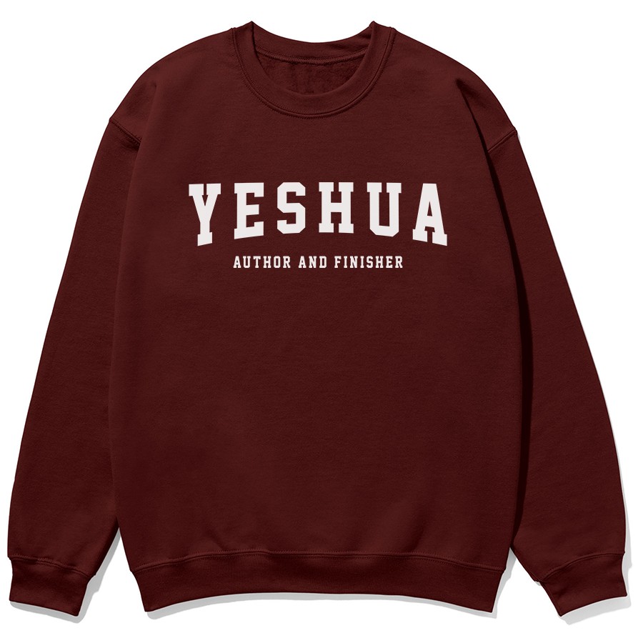 Yeshua Author And Finisher Christian sweatshirt in maroon color