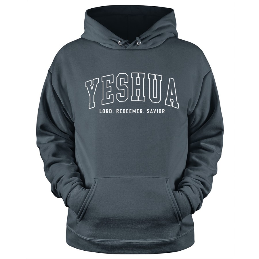 Yeshua Lord Redeemer Savior Christian Hoodie in charcoal color