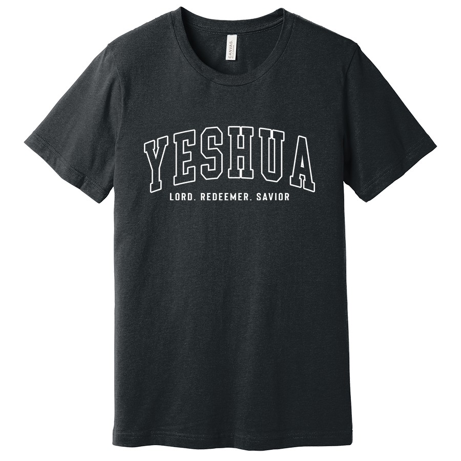Yeshua Lord Redeemer Savior Women's Shirt in dark grey heather color