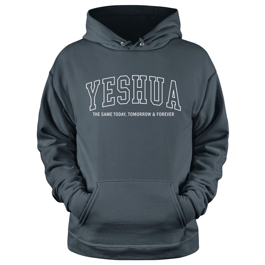 Yeshua The Same Today, Tomorrow & Forever Christian Hoodie in charcoal grey color